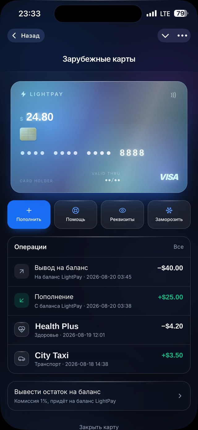 Экран зарубежных карт LightPay