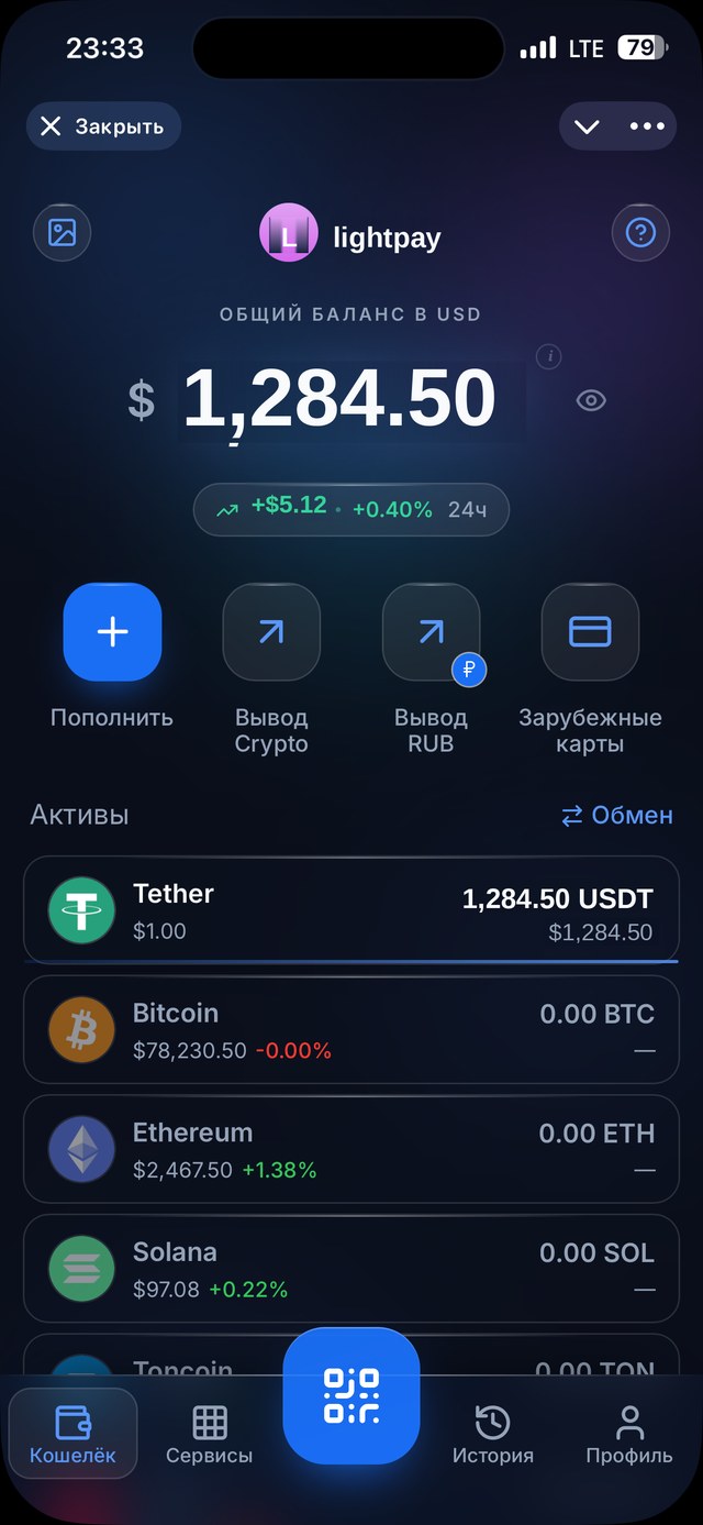 Экран кошелька LightPay
